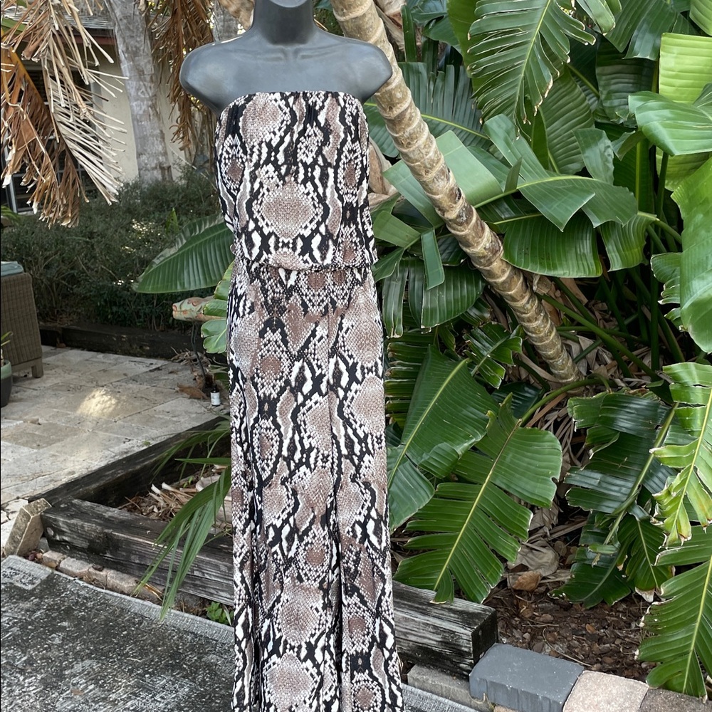 crop snake print strapless wide leg jumpsuit